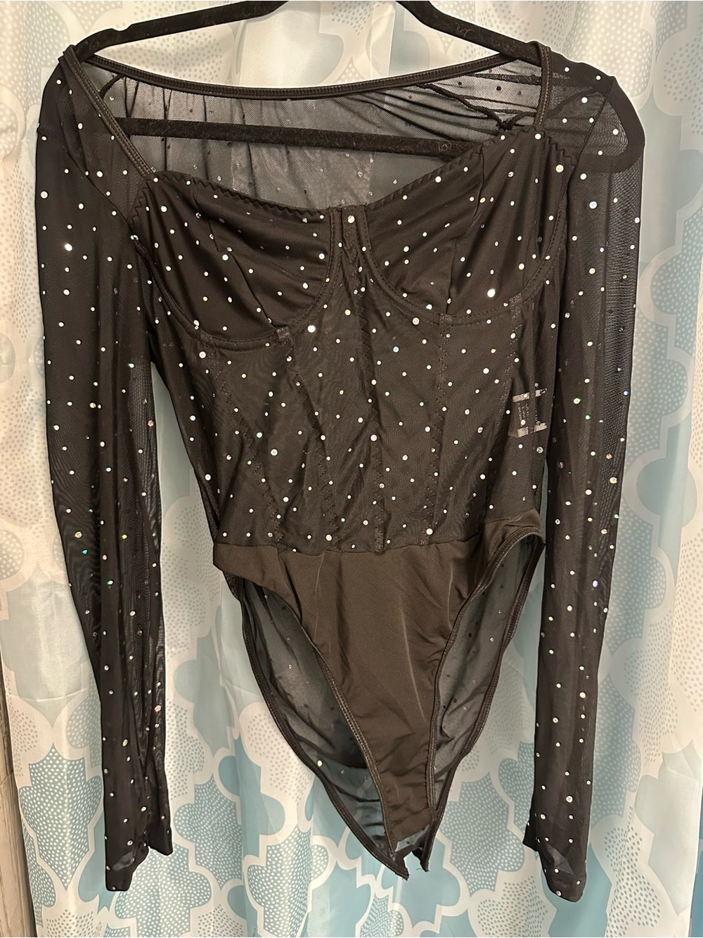 SHEIN Black Sheer Rhinestone Long-Sleeve Bandeau Bodysuit -Large Doesnt fit me